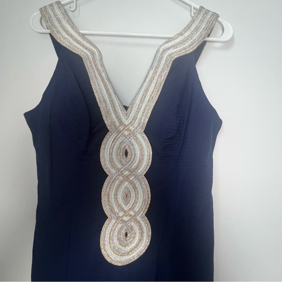Lilly Pulitzer Women's Valli Shift Dress True Navy Silver Gold Cross Neck Size 2 - Picture 2 of 10